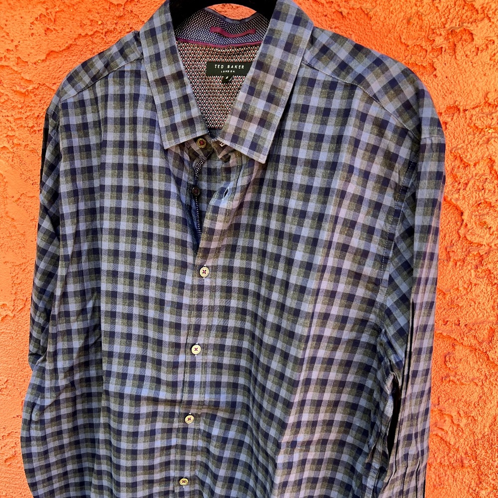 Lot of 2 Mens Ted baker Button Down Plaid Shirts - 1 Blue, 1 Grayish, Size XL/6